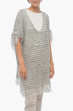 Clearance Maglia Crochet a Maniche Corte in Misto Lino con Frange Donna Maglieria