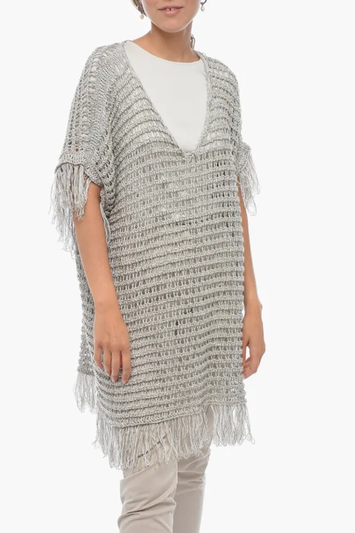 Clearance Maglia Crochet a Maniche Corte in Misto Lino con Frange Donna Maglieria