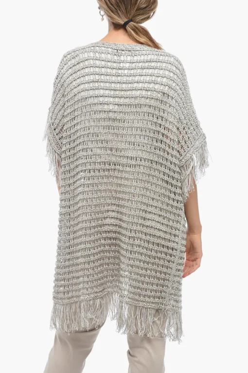 Clearance Maglia Crochet a Maniche Corte in Misto Lino con Frange Donna Maglieria