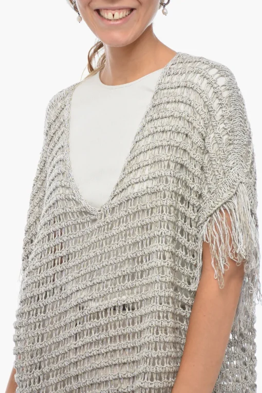 Clearance Maglia Crochet a Maniche Corte in Misto Lino con Frange Donna Maglieria