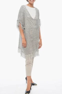 Clearance Maglia Crochet a Maniche Corte in Misto Lino con Frange Donna Maglieria