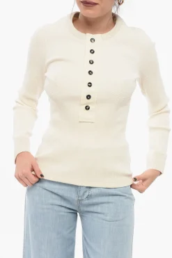 Maglia Girocollo in Cotone Stretch a Costine con Bottoni>Bottega Veneta Discount