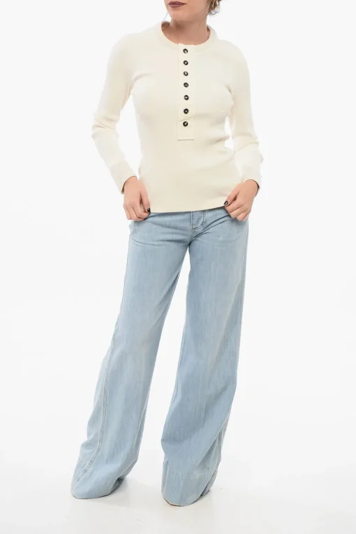 Maglia Girocollo in Cotone Stretch a Costine con Bottoni>Bottega Veneta Discount