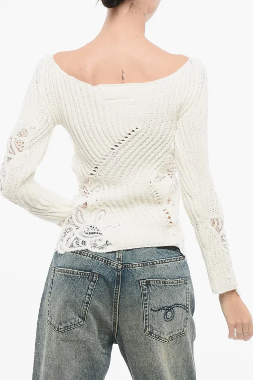 Outlet Maglia Girocollo in Cotone con Inserti Pizzo Donna Maglieria