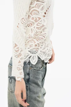 Outlet Maglia Girocollo in Cotone con Inserti Pizzo Donna Maglieria