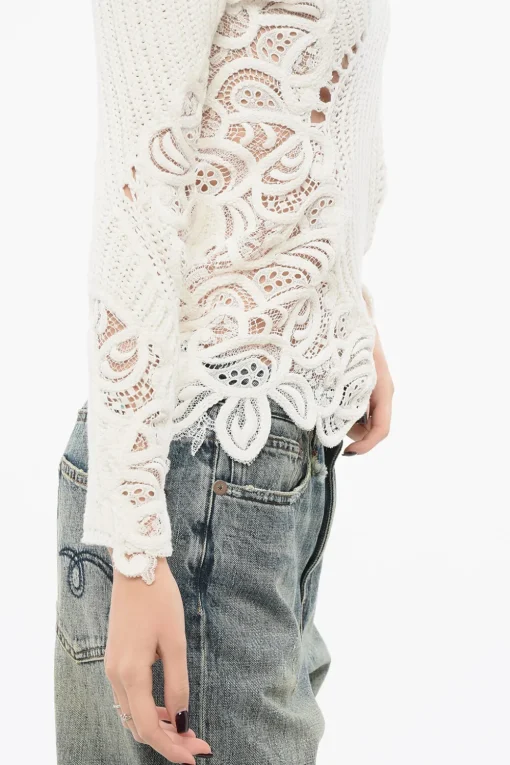 Outlet Maglia Girocollo in Cotone con Inserti Pizzo Donna Maglieria