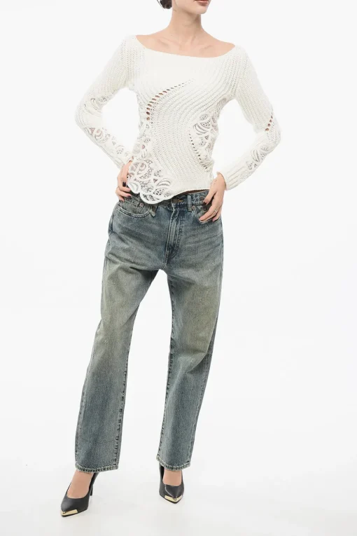 Outlet Maglia Girocollo in Cotone con Inserti Pizzo Donna Maglieria