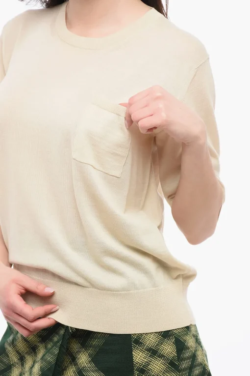 Outlet Maglia Girocollo in Lana Merino a Maniche Corte con Taschino Donna Maglieria