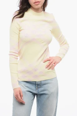 Hot Maglia Girocollo in Misto Lana a Costine Motivo Tartan Donna Maglieria