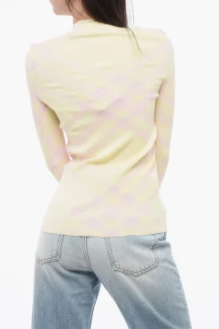 Hot Maglia Girocollo in Misto Lana a Costine Motivo Tartan Donna Maglieria