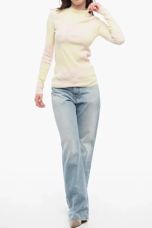 Hot Maglia Girocollo in Misto Lana a Costine Motivo Tartan Donna Maglieria