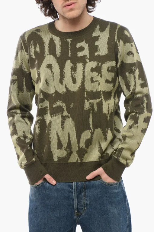 Maglia Girocollo in Misto Lana con Logo Jacquard All-Over>Alexander McQueen Discount