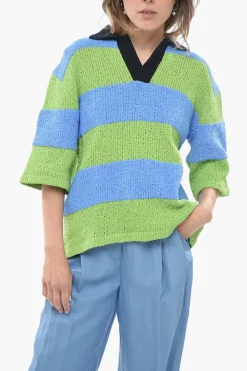 Discount Maglia in Crochet Bicolore con Collo a Polo Donna Maglieria