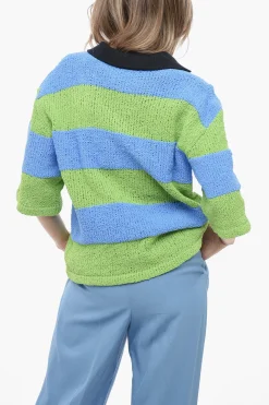 Discount Maglia in Crochet Bicolore con Collo a Polo Donna Maglieria