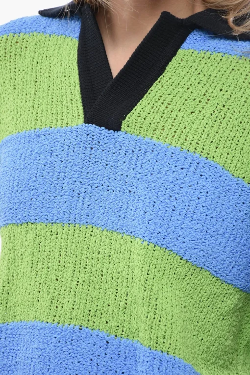 Discount Maglia in Crochet Bicolore con Collo a Polo Donna Maglieria