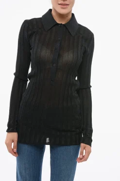 New Maglia in Lurex a Costine con Collo a Polo Donna Maglieria
