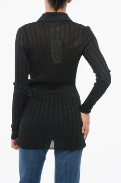 New Maglia in Lurex a Costine con Collo a Polo Donna Maglieria