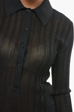 New Maglia in Lurex a Costine con Collo a Polo Donna Maglieria