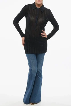 New Maglia in Lurex a Costine con Collo a Polo Donna Maglieria