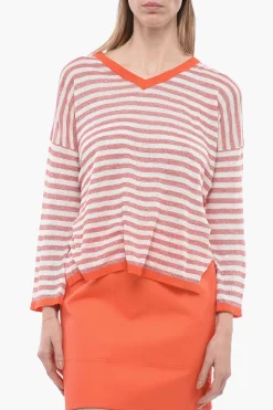 Maglia in Misto Lino a Righe con Scollo a V>Whyci Online