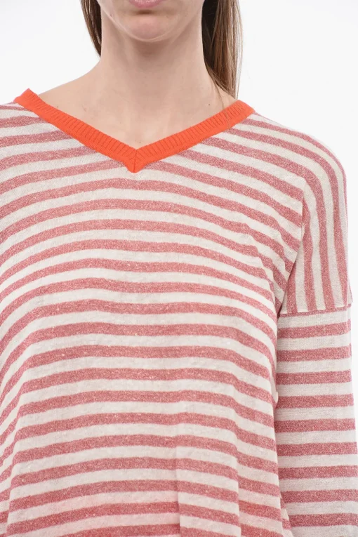 Maglia in Misto Lino a Righe con Scollo a V>Whyci Online