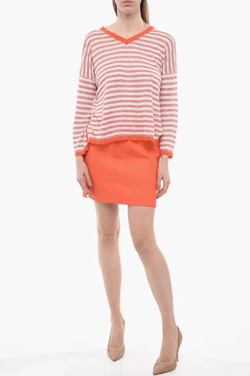 Maglia in Misto Lino a Righe con Scollo a V>Whyci Online
