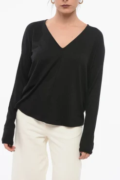 Clearance Maglia in Tessuto Stretch con Collo a V Donna Maglieria