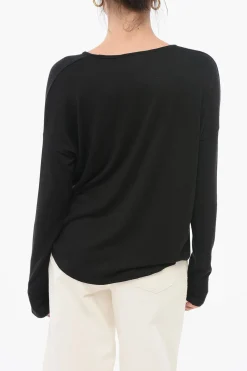 Clearance Maglia in Tessuto Stretch con Collo a V Donna Maglieria