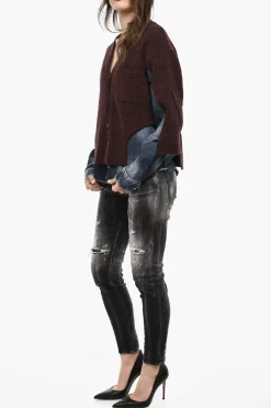 New Maglia Scollo a V In Doppio Tessuto con Bottoni Donna Maglieria