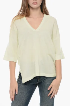 Online Maglia Split-Neck in Cashmere a Maniche Corte Donna Maglieria