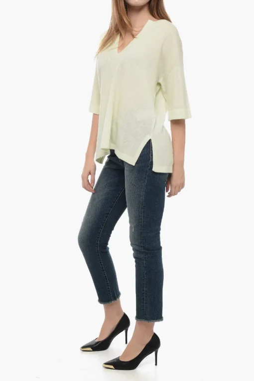 Online Maglia Split-Neck in Cashmere a Maniche Corte Donna Maglieria