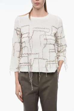 Fashion Maglia Svasata con Applicazione in Frange Donna Maglieria