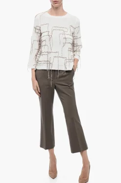 Fashion Maglia Svasata con Applicazione in Frange Donna Maglieria