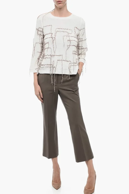 Fashion Maglia Svasata con Applicazione in Frange Donna Maglieria