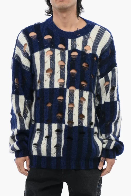 Clearance Maglione Girocollo Tartan SHIBORI Effetto Distressed Uomo Maglieria