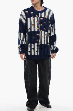 Clearance Maglione Girocollo Tartan SHIBORI Effetto Distressed Uomo Maglieria