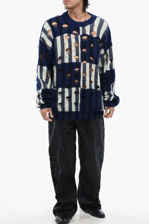 Clearance Maglione Girocollo Tartan SHIBORI Effetto Distressed Uomo Maglieria