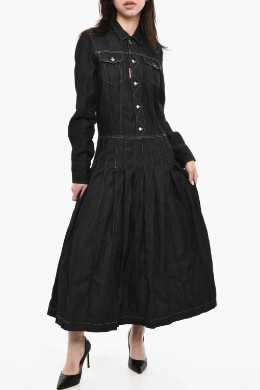 Maxi Abito Svasato in Denim Con Bottoni Logati>Dsquared2 New