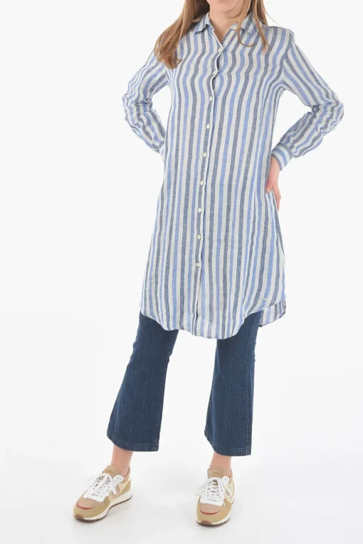 Maxi Camicia a Righe Awining in Lino con Bottoni Sulla Manica>Woolrich Hot