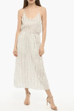 Maxi Dress a Righe Awning in Lino con Cintura>Woolrich Clearance