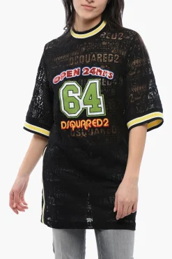 Maxi T-Shirt 24HRS in Pizzo con Logo Ricamato>Dsquared2 Hot