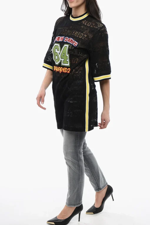 Maxi T-Shirt 24HRS in Pizzo con Logo Ricamato>Dsquared2 Hot