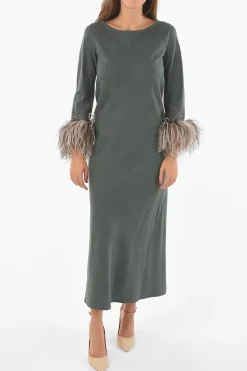 Fashion Maxi Vestito In Seta Con Piume Sul Fondo Manica Donna Vestiti