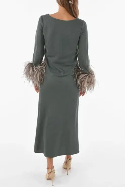 Fashion Maxi Vestito In Seta Con Piume Sul Fondo Manica Donna Vestiti