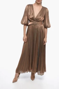 Online Maxidress Drappeggiato in Lurex con Maniche a Palloncino e Cintura Donna Vestiti