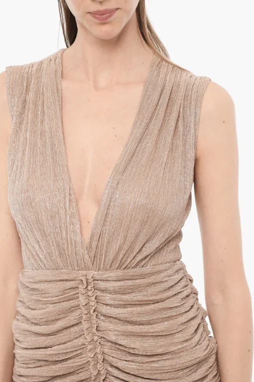 New Mini Dress in Lurex Drappeggiato con Maxi Scollo a V Donna Vestiti