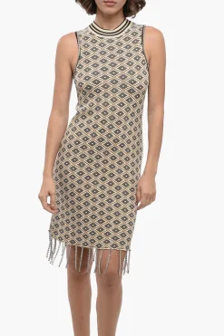 New Mini Dress Stretch Motivo Geometrico con Applicazione Swarovski Donna Vestiti