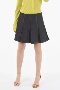 Mini Gonna in Denim con Design Plissettato e Chiusura Zip Laterale>Bottega Veneta Sale