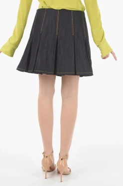 Mini Gonna in Denim con Design Plissettato e Chiusura Zip Laterale>Bottega Veneta Sale