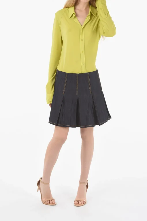 Mini Gonna in Denim con Design Plissettato e Chiusura Zip Laterale>Bottega Veneta Sale